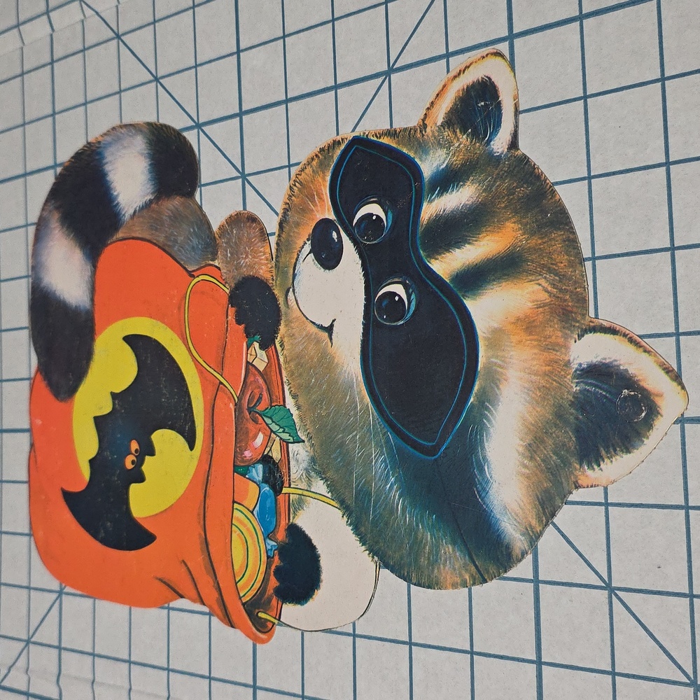 Vintage Halloween Die‎ Cut Decoration Raccoon Mask & Candy Bag 13" Double Sided - Picture 8 of 9